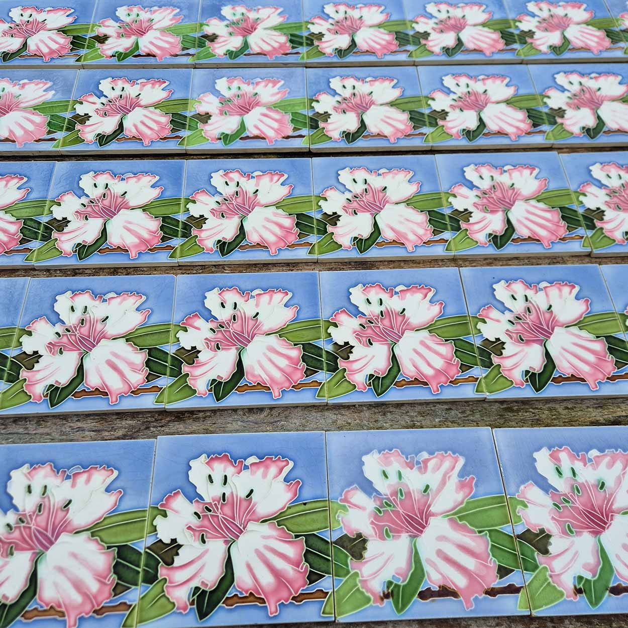 1 of the 40 Antique Art Nouveau Tiles Pink Flower, Gilliot Freres Hemiksen