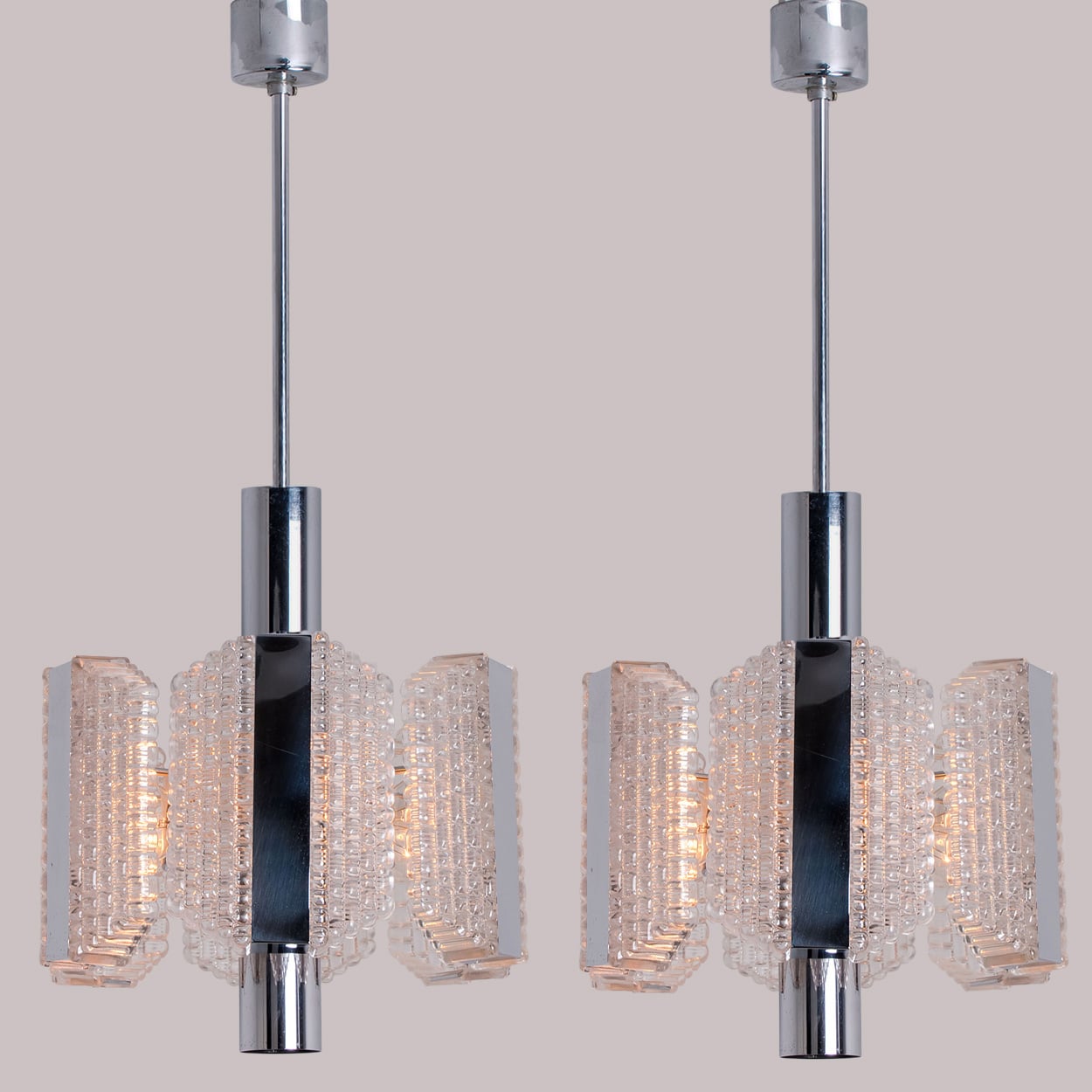 1 of the 2 Clear Ribbed Glass Pendant Lamps by Kaiser Leuchten, Germany