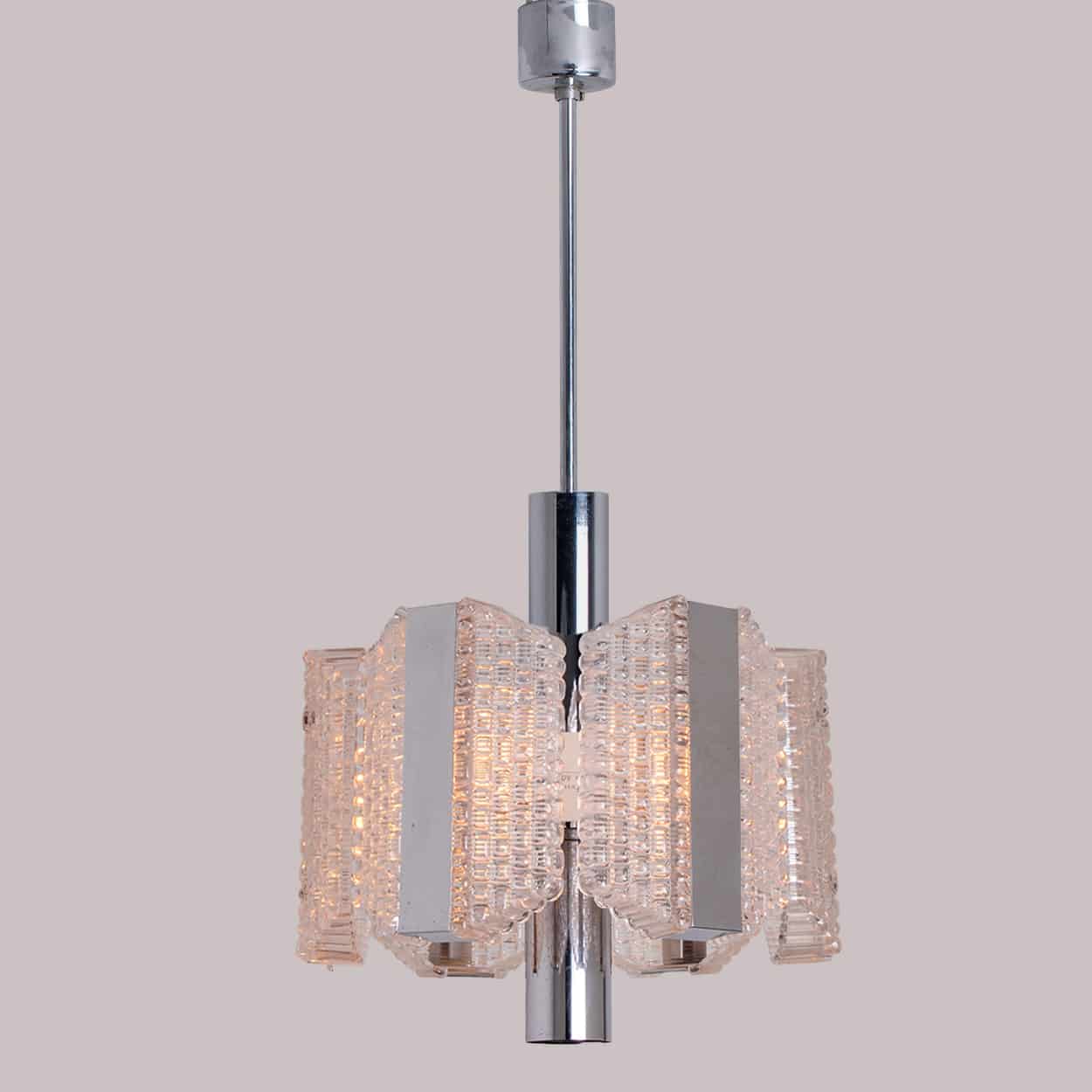 1 of the 2 Clear Ribbed Glass Pendant Lamps by Kaiser Leuchten, Germany