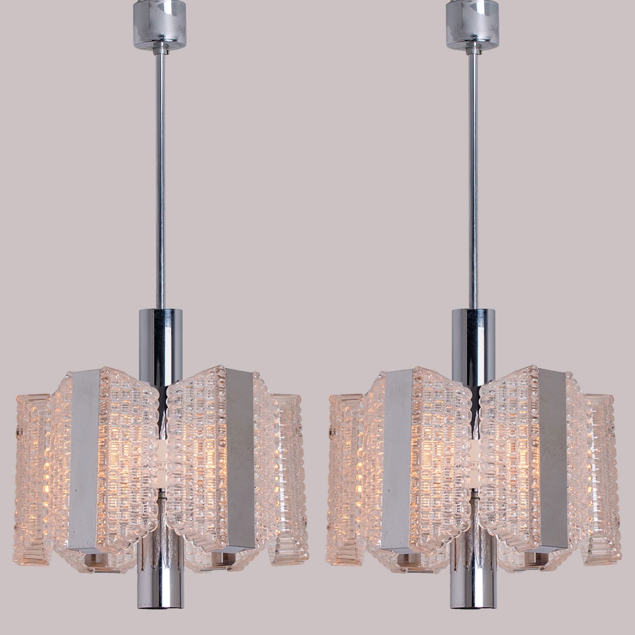 1 of the 2 Clear Ribbed Glass Pendant Lamps by Kaiser Leuchten, Germany