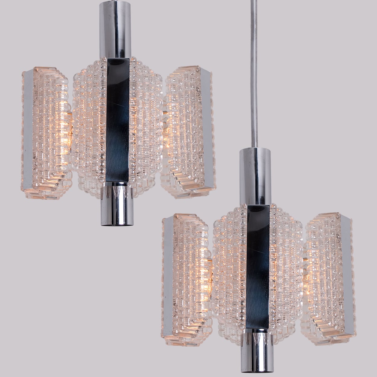 1 of the 2 Clear Ribbed Glass Pendant Lamps by Kaiser Leuchten, Germany