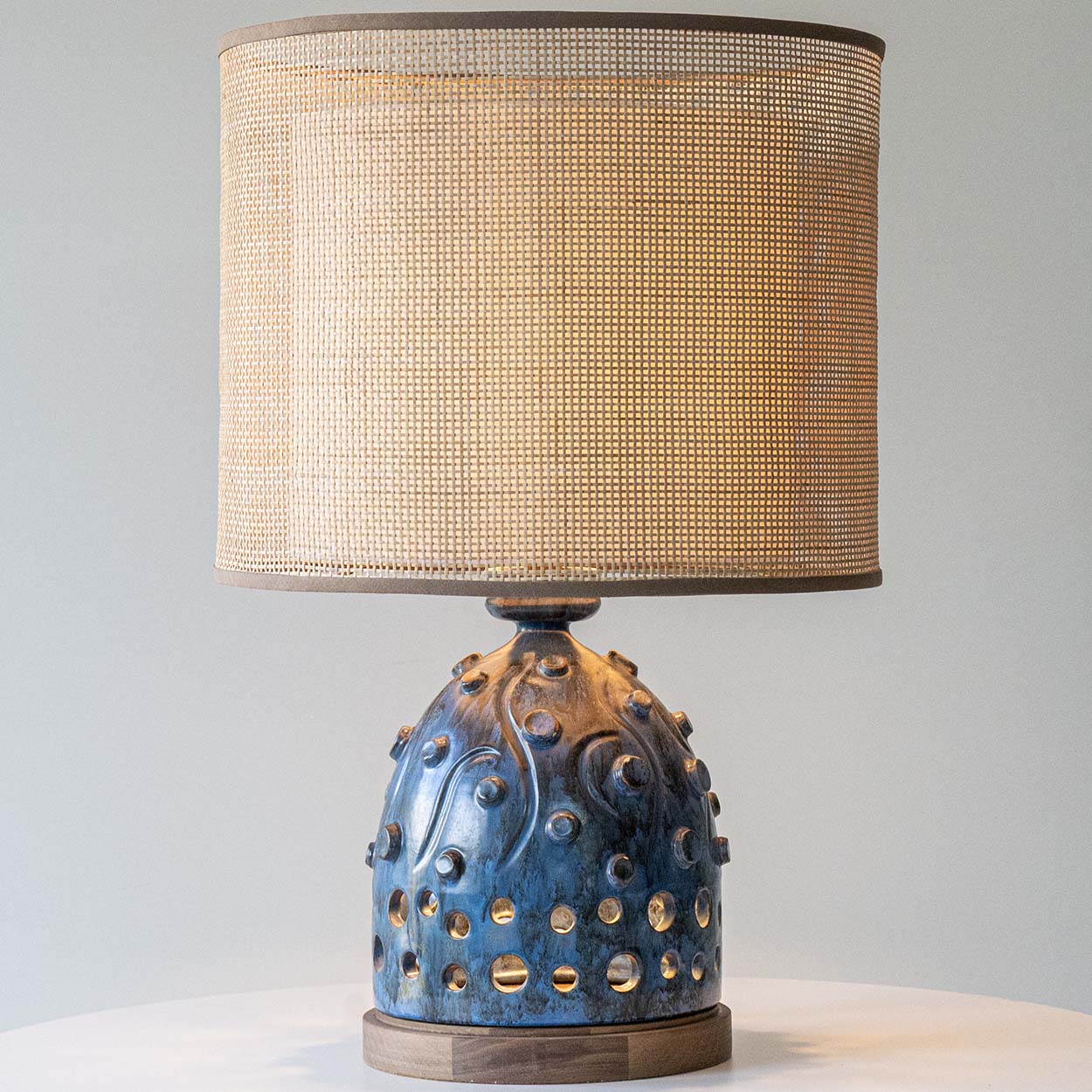 Blue Ceramic and Wood Table Lamp, Custom Rattan Double Lampshade by R. Houben
