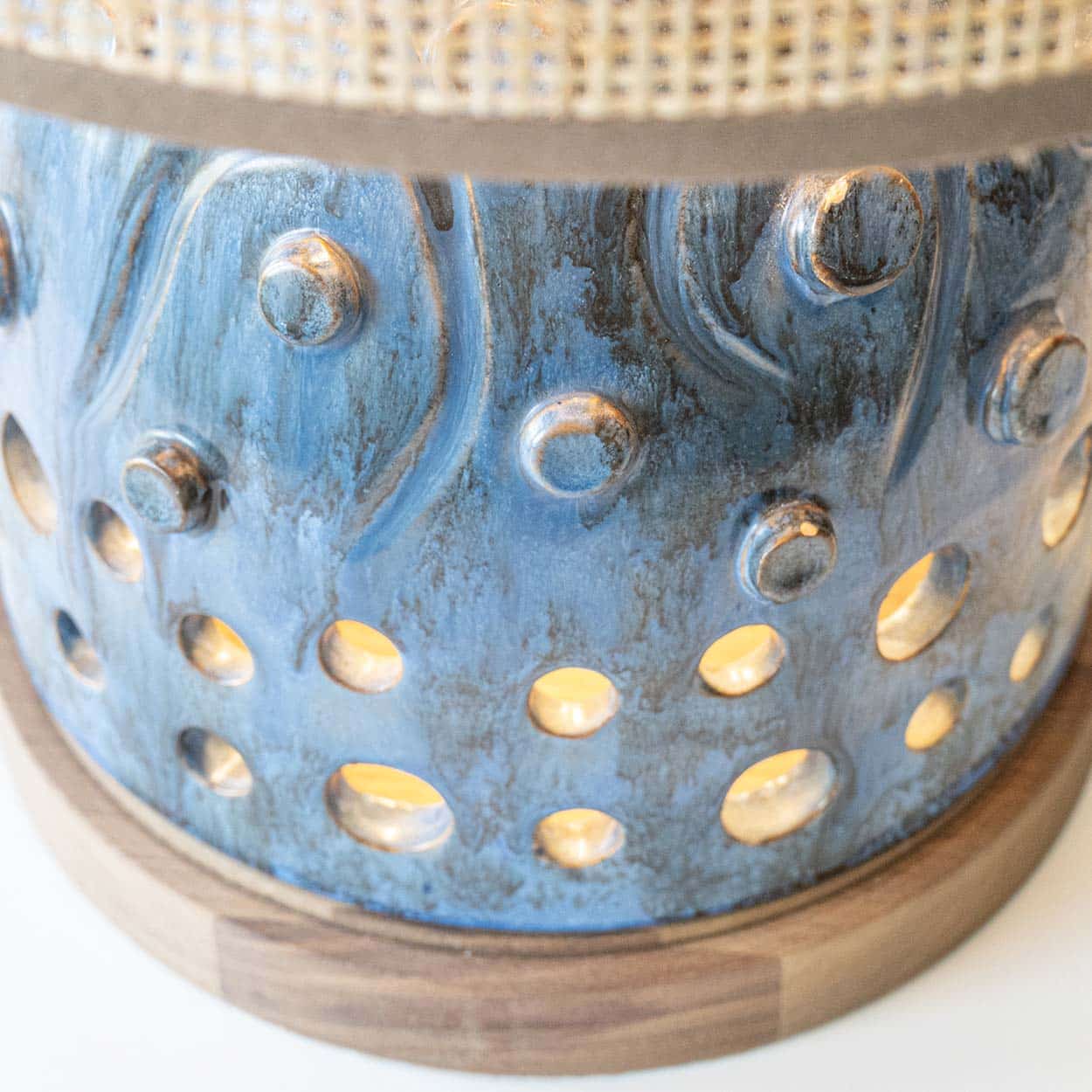 Blue Ceramic and Wood Table Lamp, Custom Rattan Double Lampshade by R. Houben