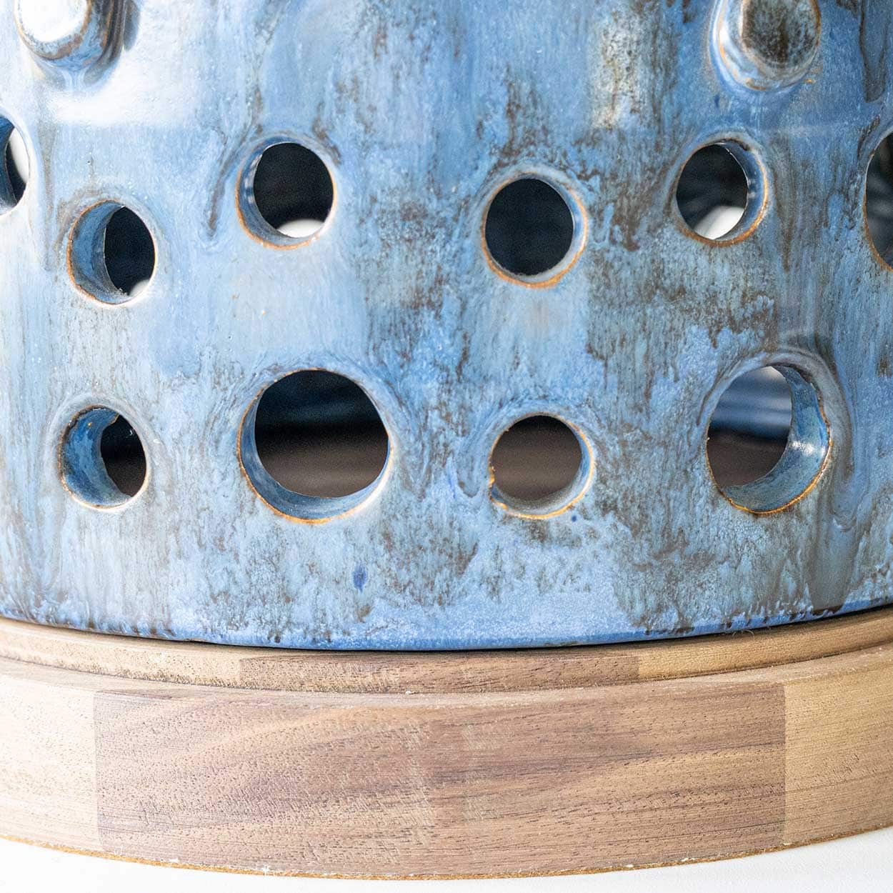 Blue Ceramic and Wood Table Lamp, Custom Rattan Double Lampshade by R. Houben