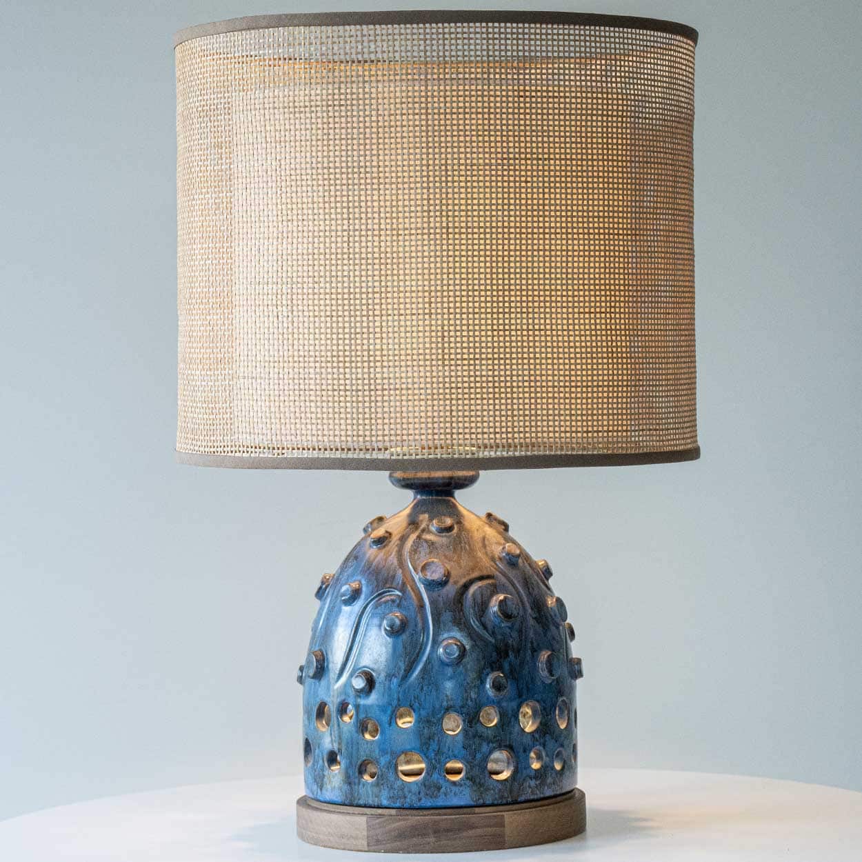 Blue Ceramic and Wood Table Lamp, Custom Rattan Double Lampshade by R. Houben
