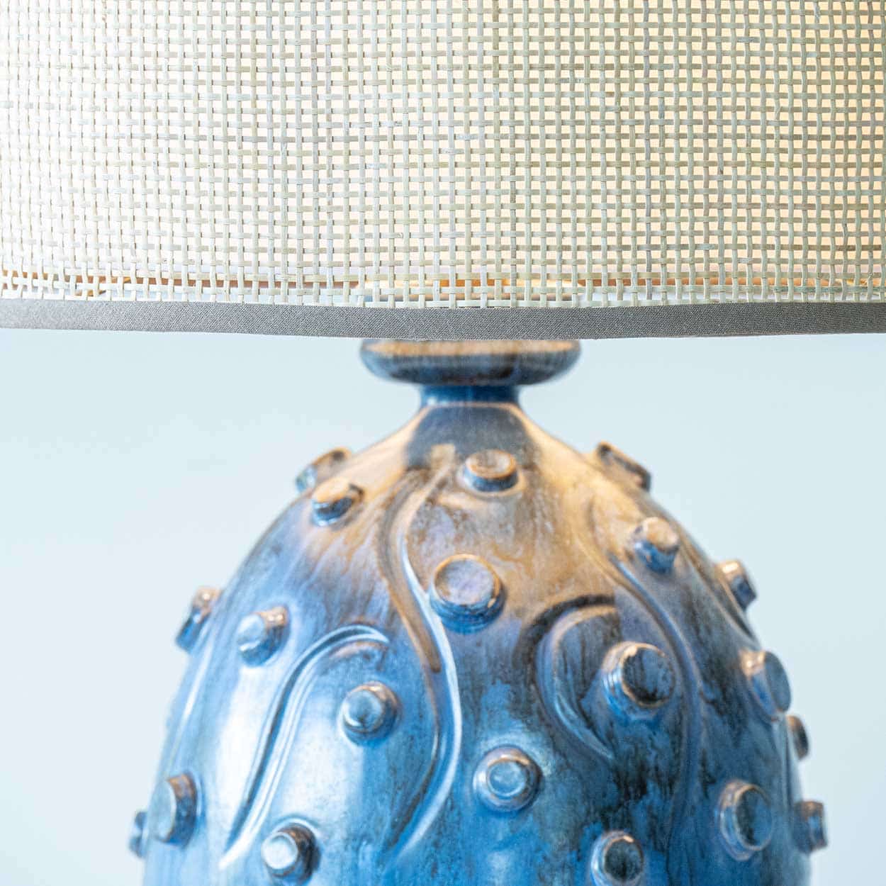 Blue Ceramic and Wood Table Lamp, Custom Rattan Double Lampshade by R. Houben