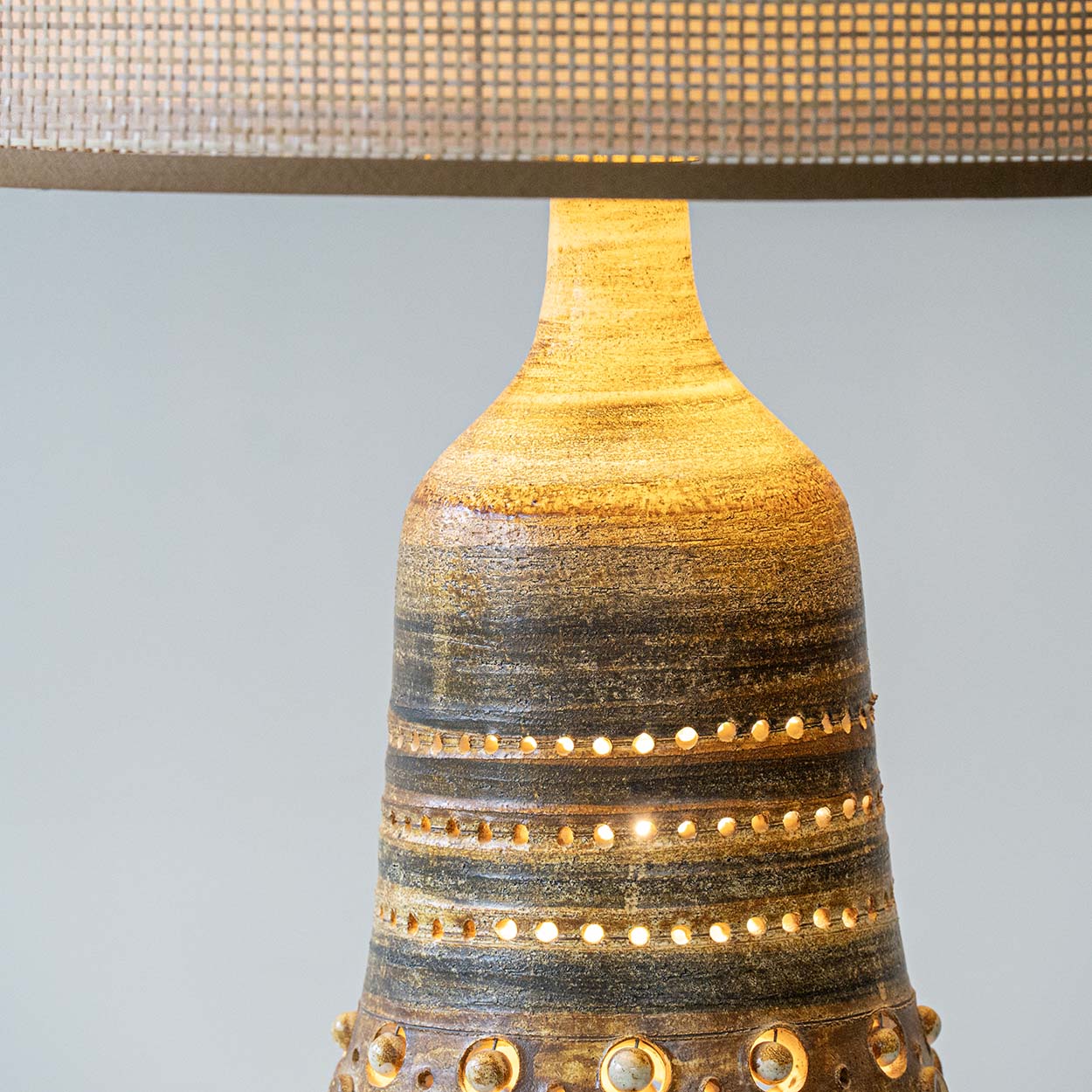 Georges Pelletier Ceramic Lamp, Custom Double Silk Rattan Lampshade by R. Houben