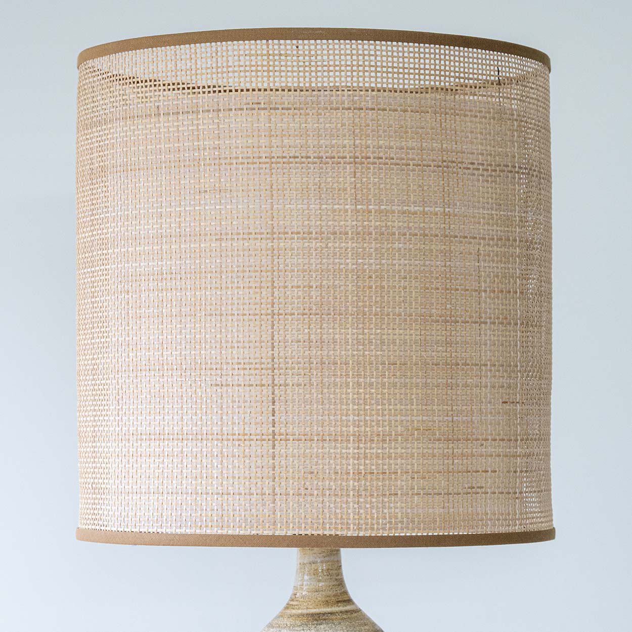 Georges Pelletier Ceramic Lamp, Custom Double Silk Rattan Lampshade by R. Houben