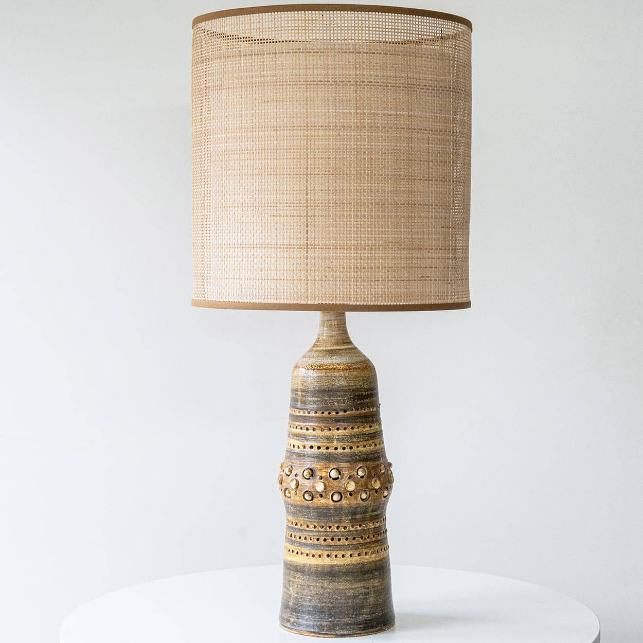Georges Pelletier Ceramic Lamp, Custom Double Silk Rattan Lampshade by R. Houben