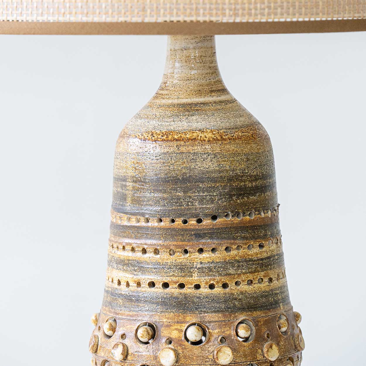 Georges Pelletier Ceramic Lamp, Custom Double Silk Rattan Lampshade by R. Houben