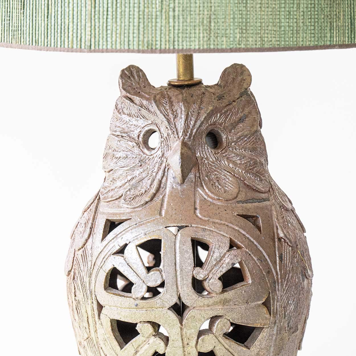 Ceramic Owl Table Lamps, Custom Green Lampshades by René Houben, 1970