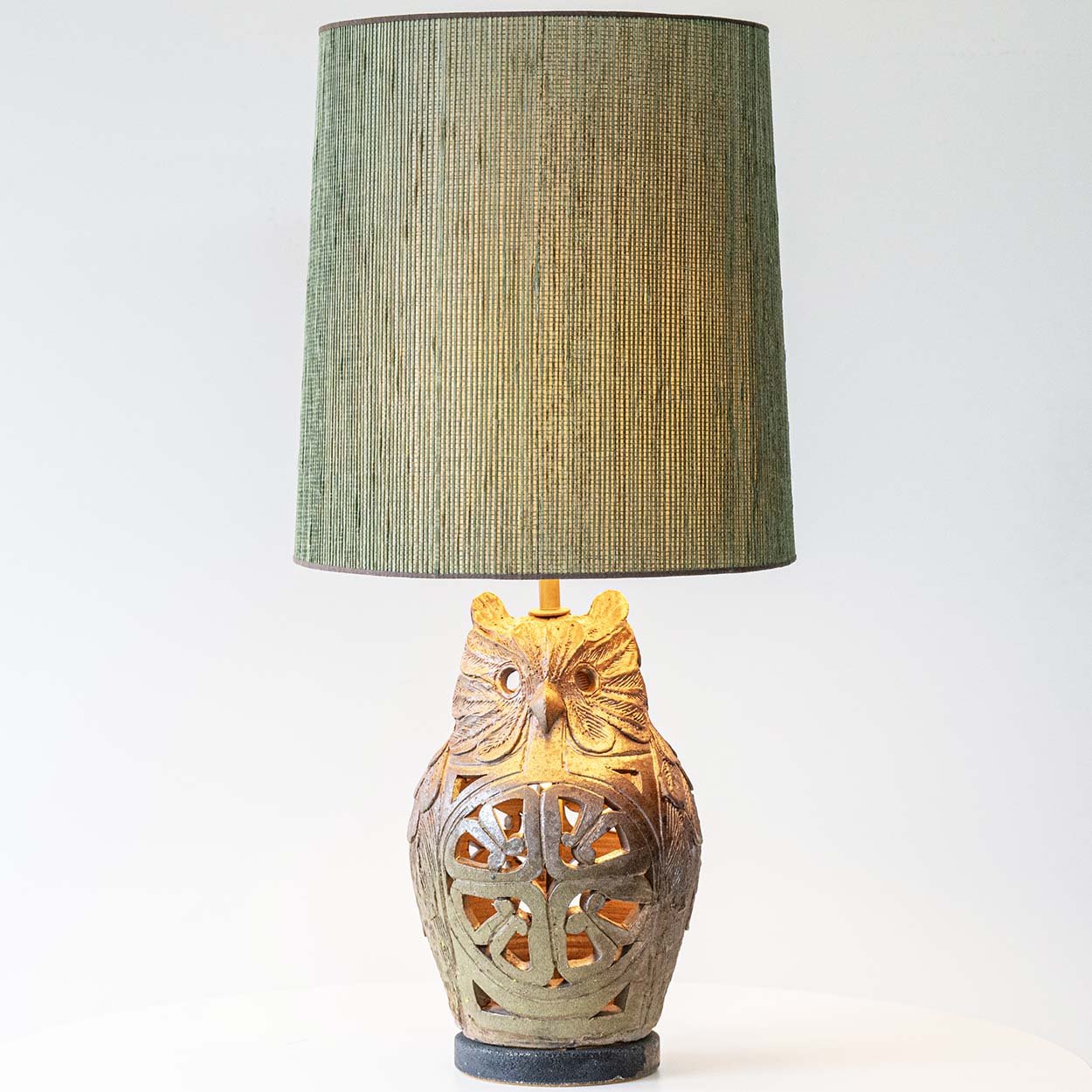 Ceramic Owl Table Lamps, Custom Green Lampshades by René Houben, 1970
