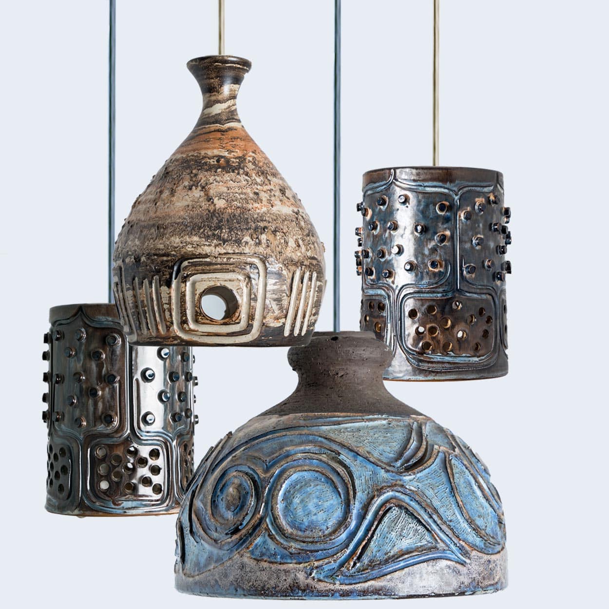 1 of the 4 Stunning Ceramic Brown Blue Pendants, Denmark 1960s