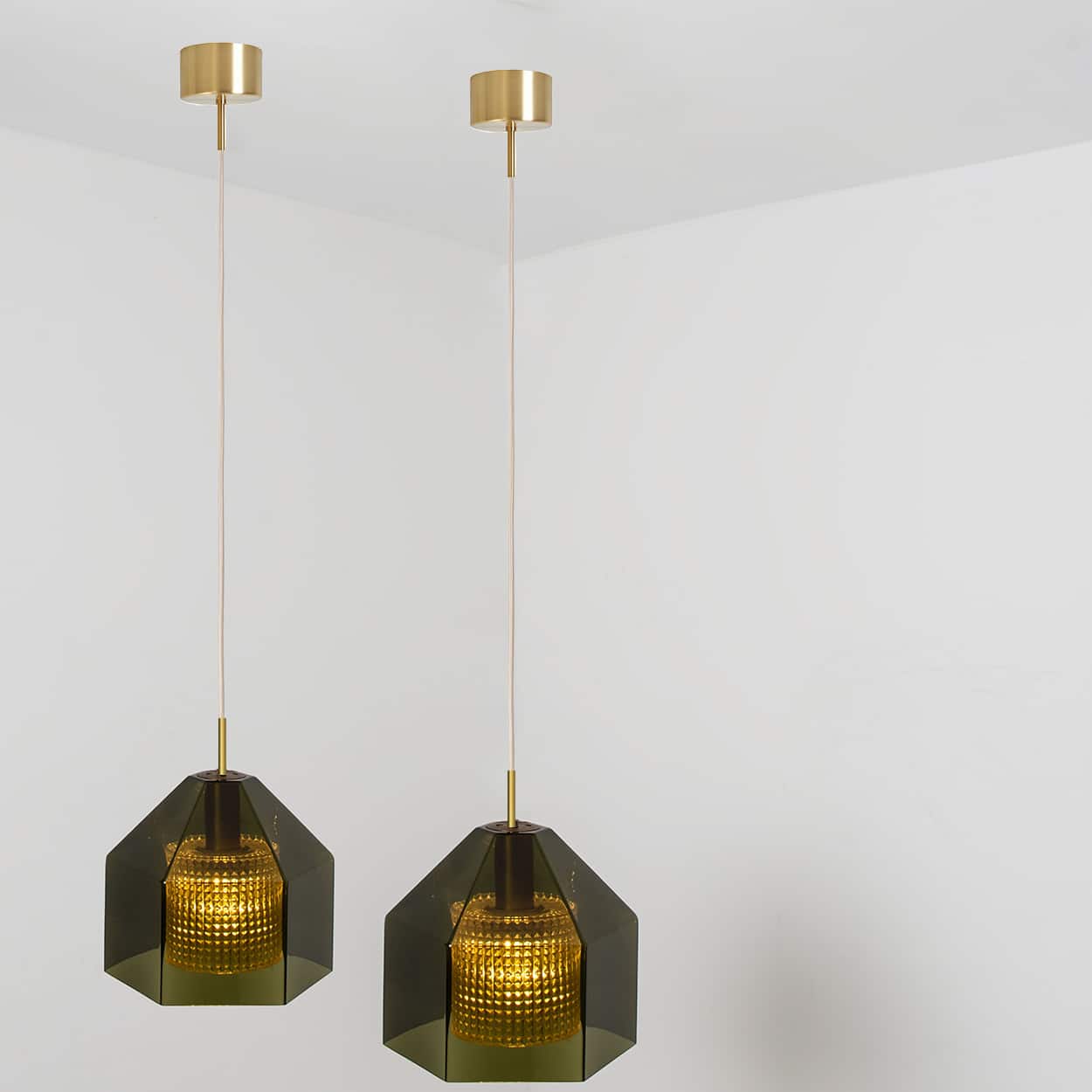 1 Of The 2 Swedish Green Tinted Glass Pendant Lamp by Fagerlund for Orrefors