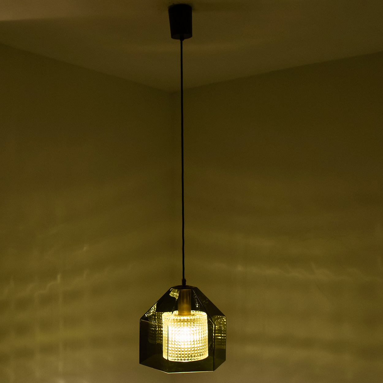 1 Of The 2 Swedish Green Tinted Glass Pendant Lamp by Fagerlund for Orrefors