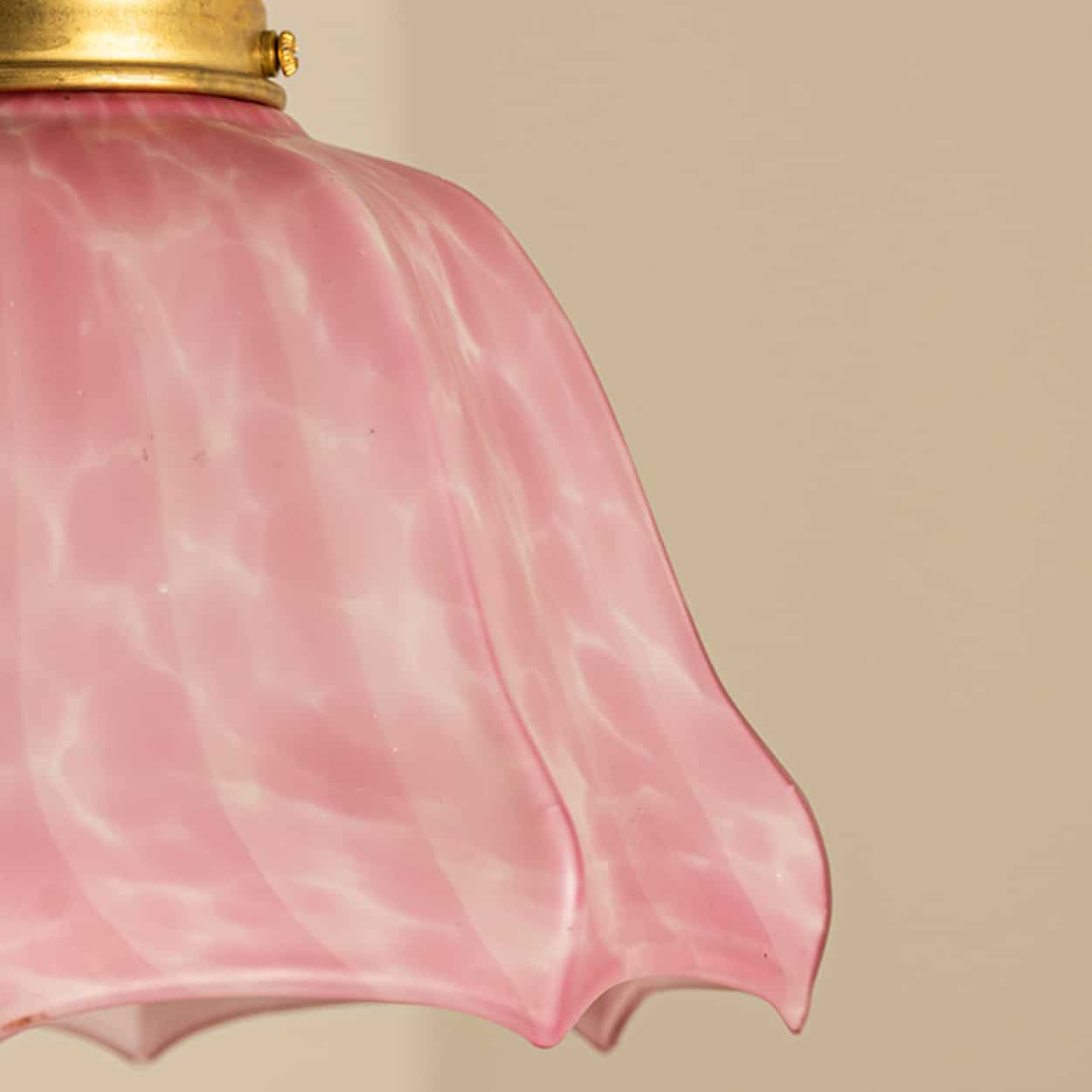 1 of 3 Art Deco Ruffled Murano Hand Blown Glass Pendants Red Pink, 1940