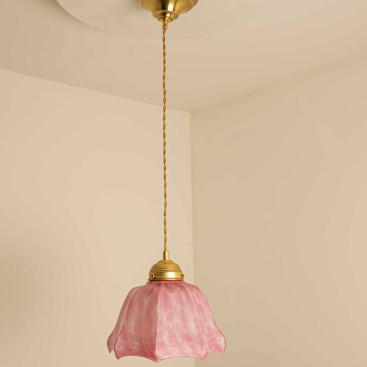 1 of 3 Art Deco Ruffled Murano Hand Blown Glass Pendants Red Pink, 1940