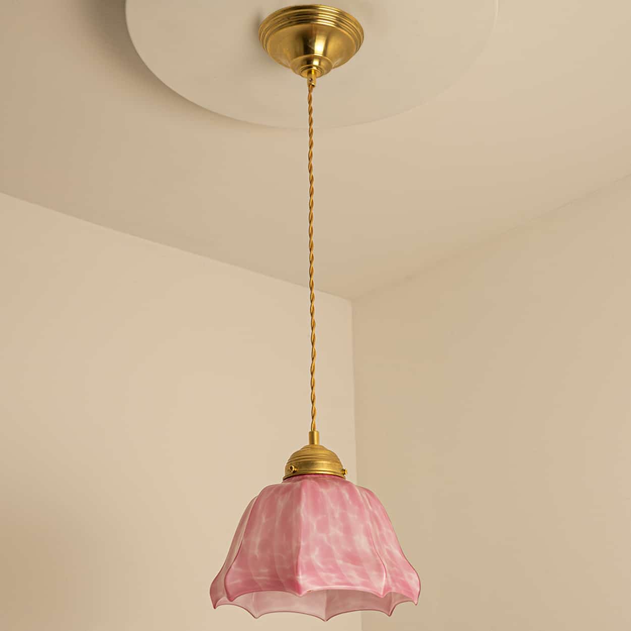 1 of 3 Art Deco Ruffled Murano Hand Blown Glass Pendants Red Pink, 1940