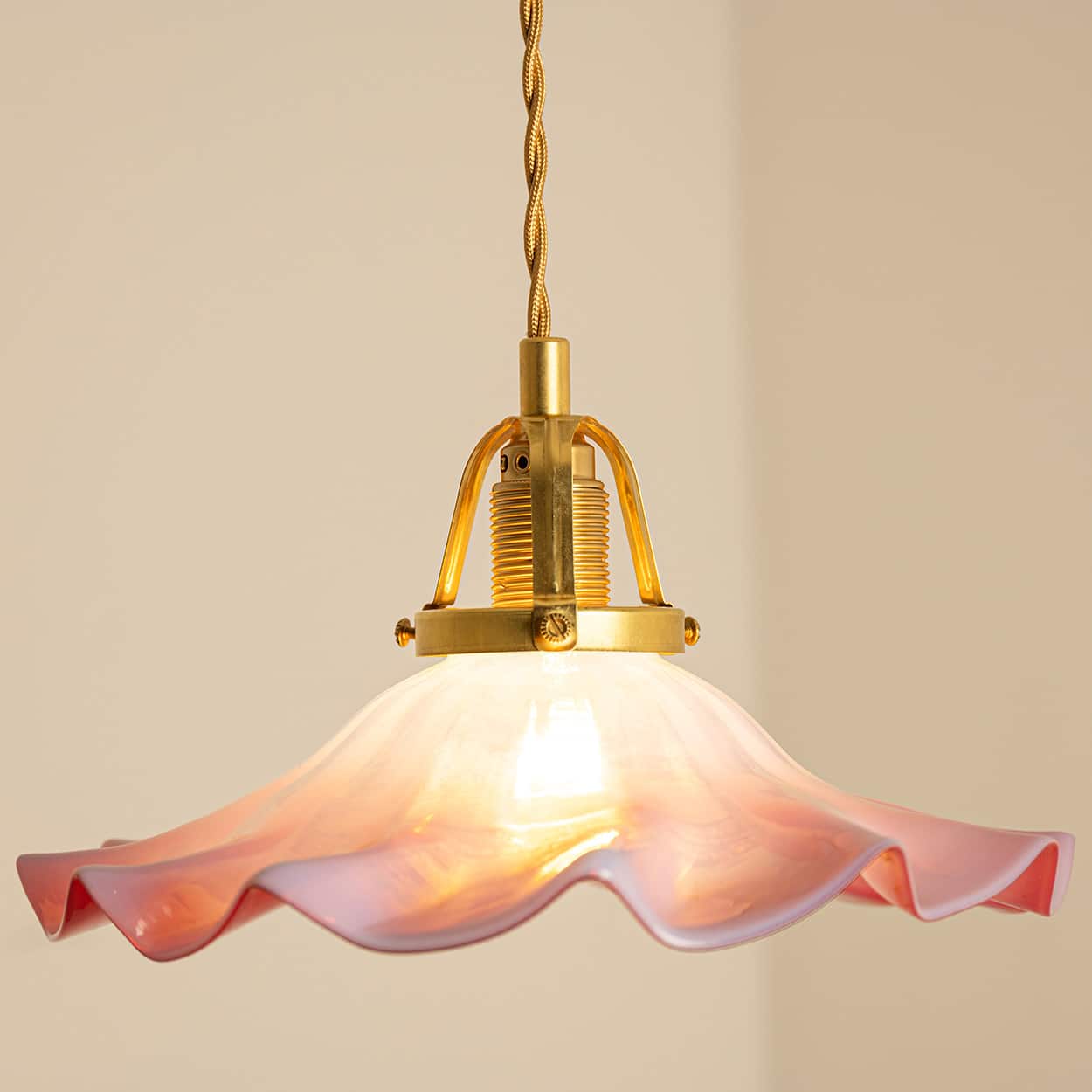 1 of 3 Art Deco Ruffled Murano Hand Blown Glass Pendants Red Pink, 1940