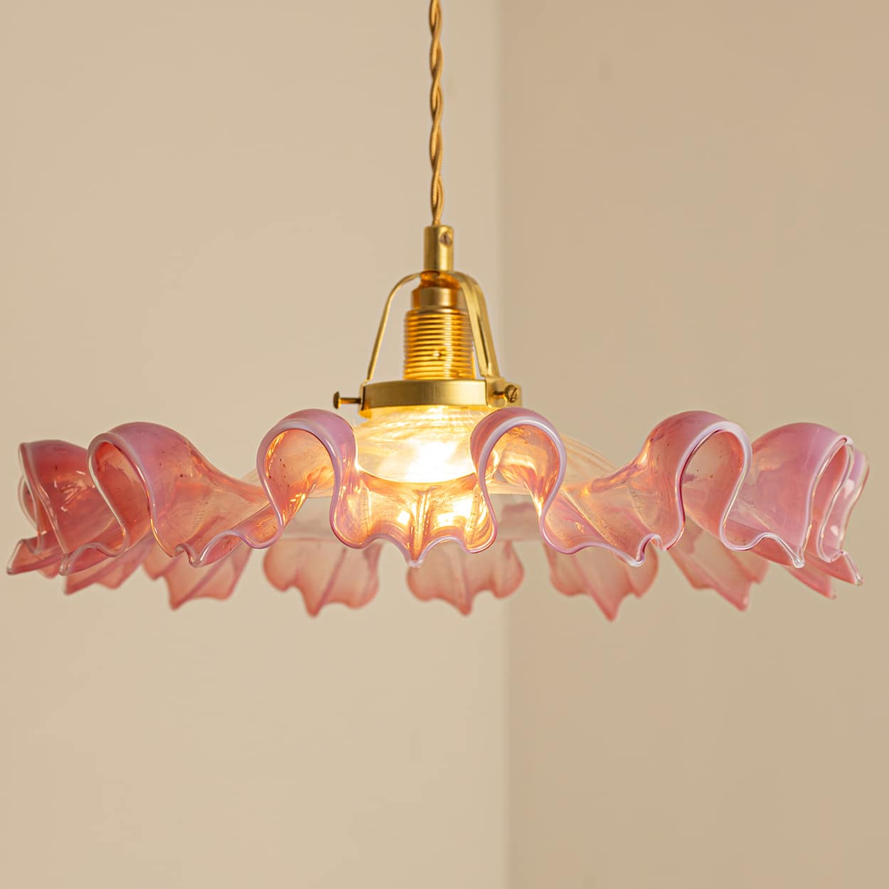 1 of 3 Art Deco Ruffled Murano Hand Blown Glass Pendants Red Pink, 1940