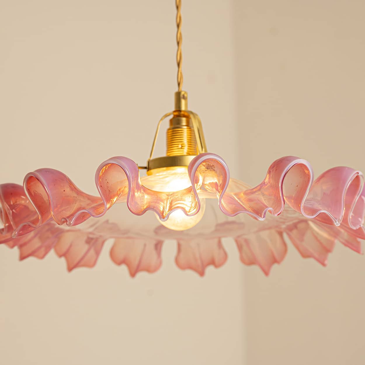 1 of 3 Art Deco Ruffled Murano Hand Blown Glass Pendants Red Pink, 1940