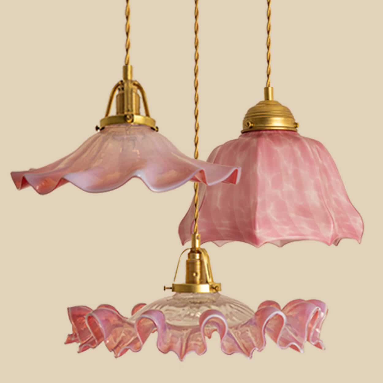 1 of 3 Art Deco Ruffled Murano Hand Blown Glass Pendants Red Pink, 1940