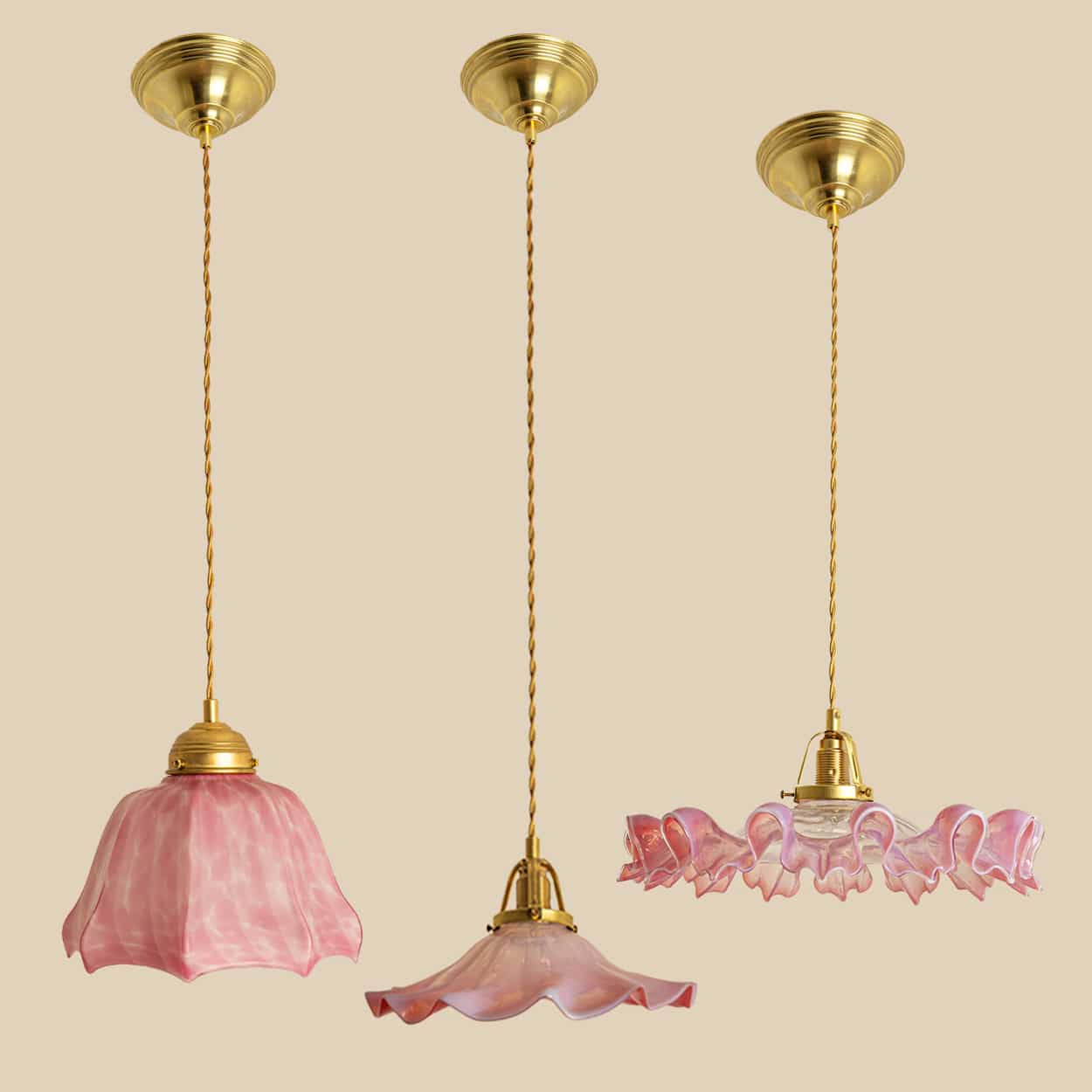 1 of 3 Art Deco Ruffled Murano Hand Blown Glass Pendants Red Pink, 1940